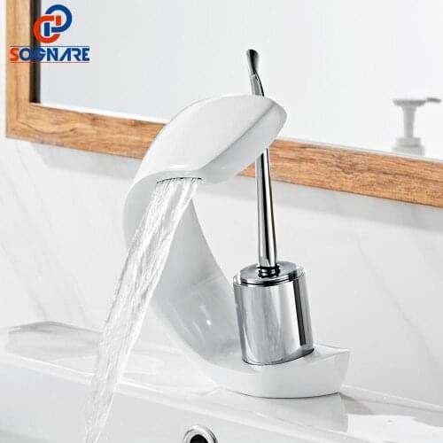 SOGANRE Waterfall Bathroom Sink Faucet Mixer Solid Brass Single Handle Hole Hot Cold Water Basin Mixer Taps White Basin Faucet