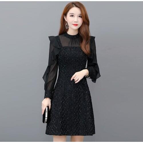 Spring Chiffon Dress 2021 black Dress Fashion Long Sleeve A-Line Party Dress vintage Chiffon Dress women
