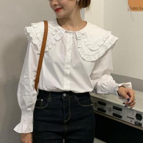 Ruffles Vintage Shirts Casual Cotton Long Sleeve White Shirt Women Peter Pan Collar Women Blouse New Fashion Blusa Chic 12392
