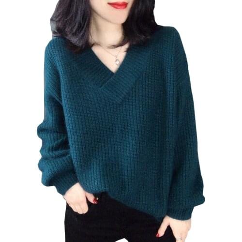 V-Neck Women Autumn Sweater Knitted Lantern Sleeve Cashmere Female Pullover Solid Ladies Elegant Pull Femme 2021 New tops OK340