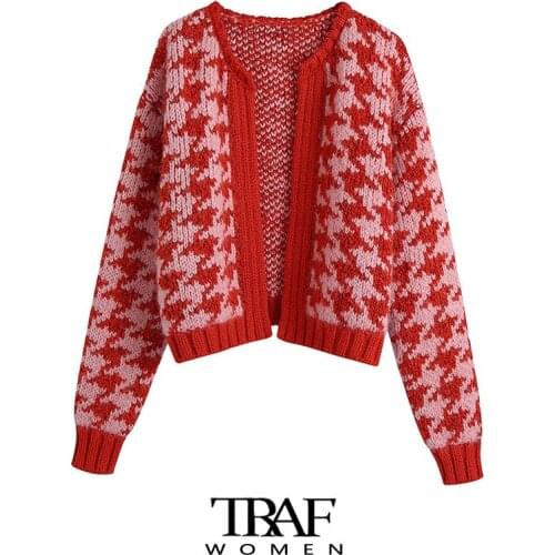 TRAF Za Women Fashion Houndstooth Crop Open Knit Cardigan Sweater Vintage O Neck Long Sleeve Female Outerwear Chic Tops