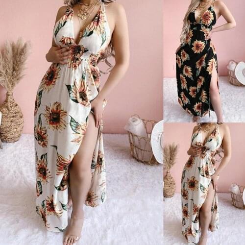 Bohemian Women Dress Deep V Neck Large Slit Hem Sunflower Print Backless Maxi Sling Dress Evening Party Long Dresses Plus Size