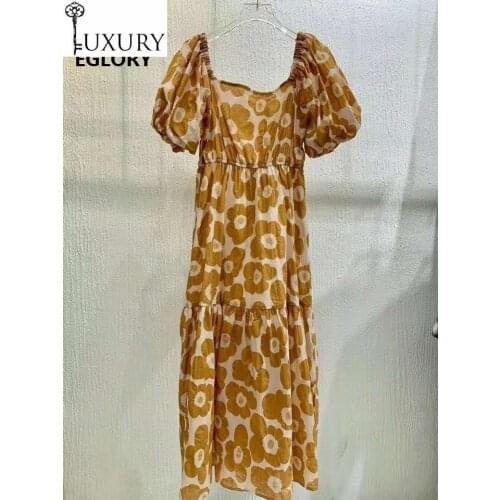 Korean Fashion Style New Women Sexy Square Collar Vintage Flower Print Puff Sleeve Mid-Calf Length Dark Blue Yellow Dress