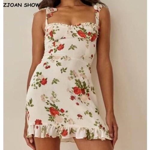 2021 Retro Leaves Flower Print Tie Bow Strap Dress Sexy Ruffles Hem Sleeveless Women Sling Dress Holiday Robe French