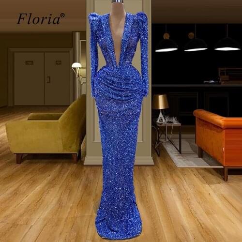 Royal Blue Sequins Formal Evening Dresses Long Dubai Muslim Robe De Soiree Kaftan Vestidos De Fiesta De Noche Cocktail Gowns