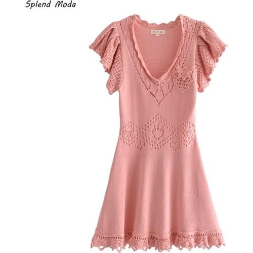 French 2021 Fashion New Autumn Vintage V-Neck Butterfly Sleeve Hollow Out Lace Slim Waist Knit Women Dress Solid Color Vestido