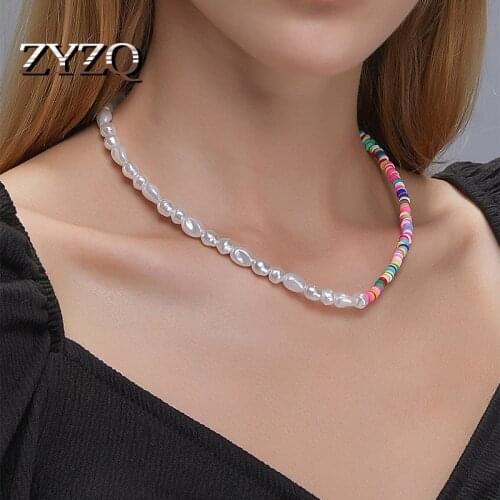 ZYZQ Bohemian Style For Women Colorful Ceramic Necklace Faux Pearl One Word Buckle Necklace Ethnic Style Dinner Jewelry