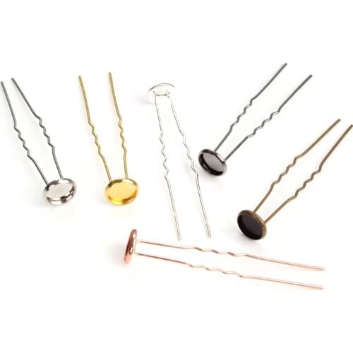 10pcs 10/12/14mm Hair Jewelry Settings Cabochon Base Blank Bezel Trays for U Shape Hairpins Barrettes Head Wear DIY Hair Fork