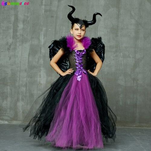 3PCS Maleficent Halloween Costume Dress Deluxe Girls Fancy Christening Black Glam Gown Tutu Dress Kids Demon Queen Witch Clothes