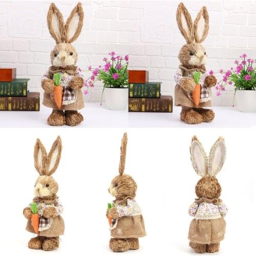 32cm Straw Rabbit Ornament Standing Bunny with Carrot Handmade Figurine for Easter Home Decorations Statue Dolls Kids Gift