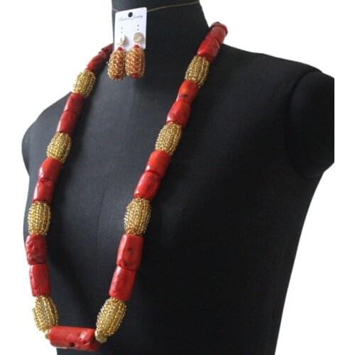 Dudo Store 36 Inches Original Coral Beads Jewelry Set Gold Beaded Divider Dubai Necklace Set Long Design Bridal Set