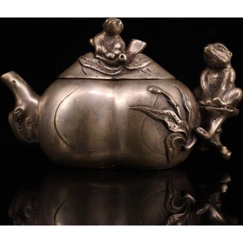 7"Chinese temple collection Old Bronze Gilt silver Ape statue monkey handle kettle flagon teapot Office Ornaments Town House