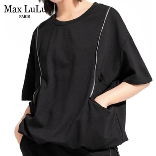 Max LuLu Korean Summer 2021 Fashion Tops Women Black Short Sleeve Tees Ladies Pockets Loose Tshirts Girls Street Style Clothing