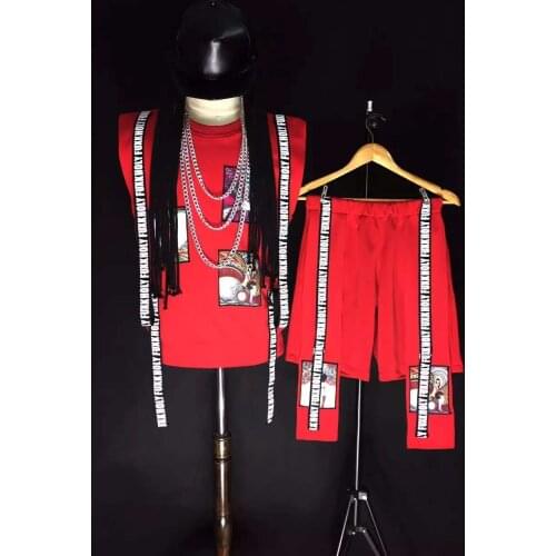 Summer Red Hip-hop buiter Straps Vest Costumes Set Nightclub Male DJ singer Party dance Show stage clothing set