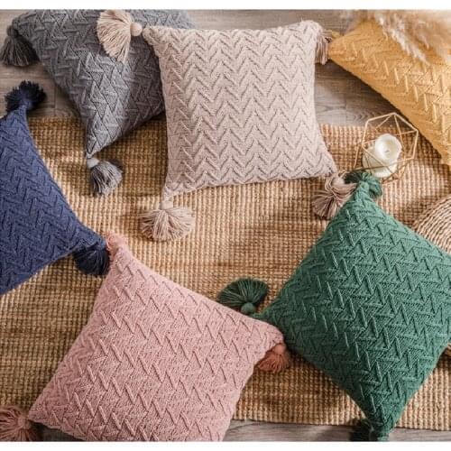 Soft Knit Cuhion Cover 45x45cm Solid Pillow Cove Pink Grey Cream Tassels Home decoration Pillow Case Square for Sofa Bed