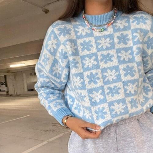 New Floral Woolen Blouse Ladies Women Pullover Tops Loose Long Sleeve O Neck Sweater Blue Snowflake Winter Sweater Female Blouse