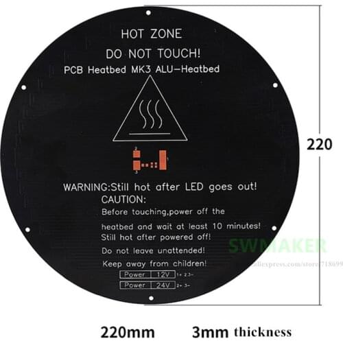 12V / 24V Round 220mm 3D printer Delta Rostock Kossel PCB heated bed 3mm thickness for MK3 3D printer parts