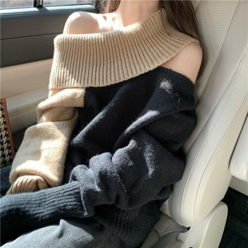 French Style Off Shoulder Patchwork Sweater Women Winter Long Sleeve Patchwork Knitted Sweaters Elegant sweater pull femme