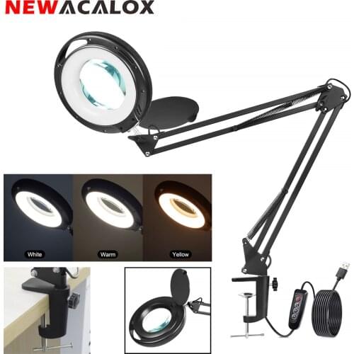 NEWACALOX 5X Magnifying Glass with 3 Colors LED Light Table Clamp Desk Lamp Soldering Third Hand Folding Illuminated Magnifier