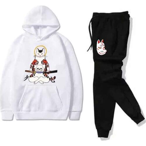 Japanese Ukiyo-E Tattoo Cat Mens Sets hoodie+Pants Harajuku wholesale tiger Sport Suits Casual Sweatshirts Tracksuit Sportswear