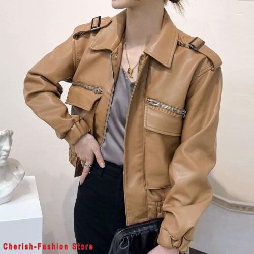 New Arrival 2021 brand Winter Autumn Motorcycle leather jackets Brown leather jacket women leather coat slim PU jacket Leather