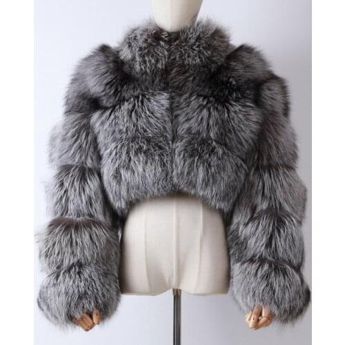 Ladies Silver Fox Fur Jacket long Sleeve Stand Collar Real Fur Coat Short