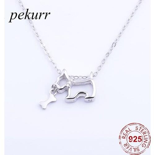 Pekurr 925 Sterling Silver 3D Cartoon Dog Bone Pendants Necklaces For Women Accesories Long Chain Silver Fashion Jewelry Gifts