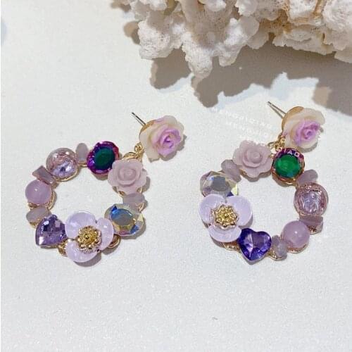 2021 Elegant Resin Purple Flower Circle Drop Earrings For Women Girls Fashion Purple Crystal Heart Pendientes Jewelry Gifts
