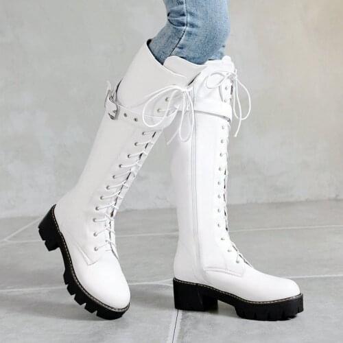 2021 Autumn Women Boots Platform Low Heel Knee High Heel Lacing Zipper Long Boots Winter Shoes Ladies Black White