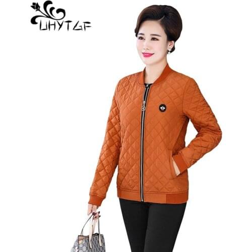 UHYTGF Women Winter Coats Women Warm Down cotton Parkas Short Casual lattice Cotton Jacket 5XL Plus size Female Parka Coat X486