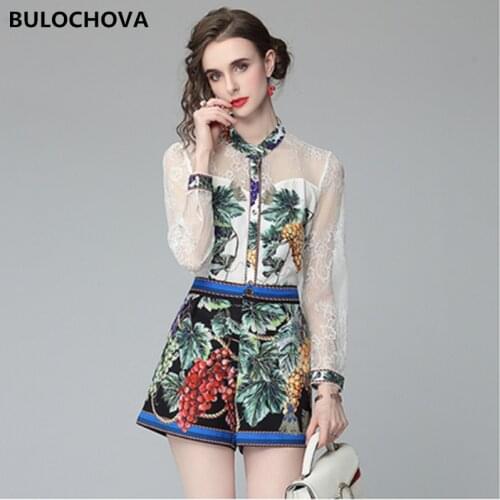 High Quality Printed Womens Pant Suits 2021 New Summer Patchwork Lace Long Sleeve Shirt Tops + Shorts 2 Pieces Sets Female XXL