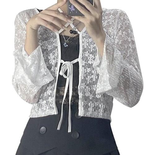 Women’s Casual Full Sleeve Cardigan Fashion Solid Color Lace Tie-up Exposed Navel Shirt