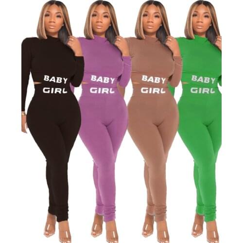Women Tracksuits 2 Piece Outfits Long Sleeve High Neck Sexy Tight Navel High Waist Letter printing Hemmed Bodycon Sportswear