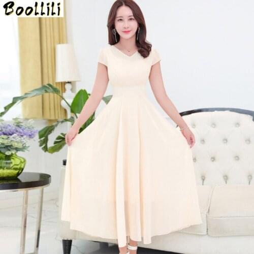 Boollili Robe Femme Elegant Chiffon Summer Dress 2020 Sexy V-Neck Short Sleeve Slim Long Maxi Party Dresses Solid Vestidos