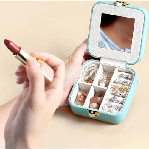 Multi-function Mini Leather Jewelry Box Earrings Rings Holder Organizer with Mirror Travel Portable Square Shaped Necklace Studs