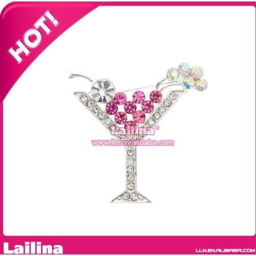 100pcs/lot Stunning Crystal Rhinestone Pink Wine Cup Brooch Pin