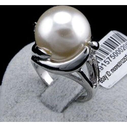 Free Shipping Fashion charming huge 14mm round south sea white shell pearl ring