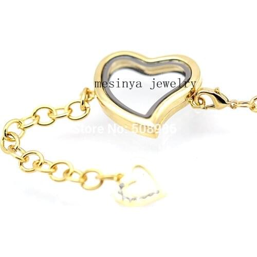 Mesinya 10pcs PVD Gold Heart Shape Magnet Memory Living Glass Locket Curved Heart Locket Bracelet Bangle Xmas Gift