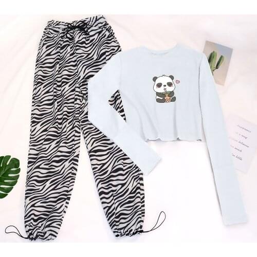 Panda T Shirt Cotton Female Stripe Pants Sets Women Kawaii Harajuku Crop Top Long Sleeve Fashion All-match High Waist Sweatpants