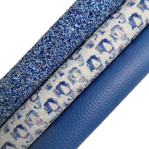 Blue Glitter leather, Santa Claus Printed Glitter synthetic leather, Litchi Faux Leather Sheets For Bow A4 21x29CM KM656