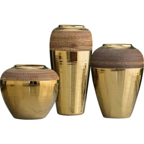 Jingdezheng Simple Insert Ceramics Gold Crafts Flower Vase for Dried Flower Home Ornaments Living Room Desktop Arrangement