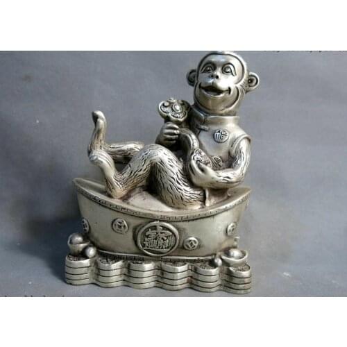 China silver carved fine luck Yuan Bao as one wishes monkey sculpture Statue