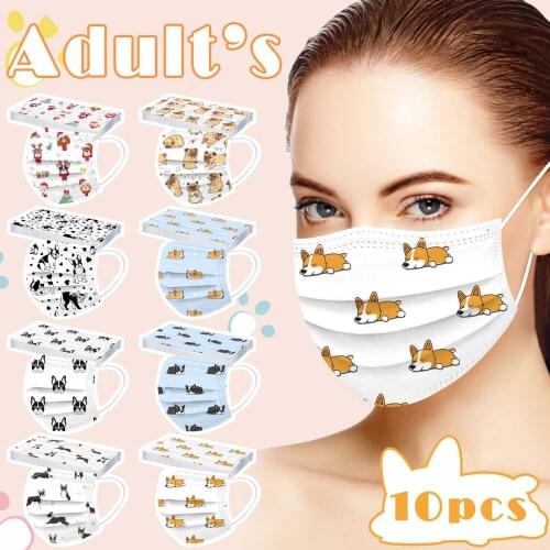 10PCS Disposable Adults Cartoon Dog Print Face Mask 3 Ply Earloop Facemask Mouth Cover Mondmasker Mascherine Halloween Cosplay