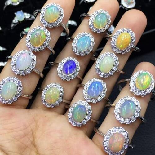 Multicolor Opal Ring with Real Natural Opal Oval 6x8mm 100% 925 Sterling Silver Wedding Rings Women Adjustable Rings Size Gift