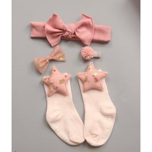 Newborn Baby Girl Boy 4pcs Socks Ruffle Socks Frilly Ankle Princess Anti Slip Socks+Headband+Hair Pin 0-2Years
