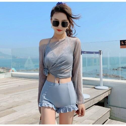 2021 New Hot Spring Bathing Suit Female Split Bikini Long-sleeved Conservative Boxer Three-piece Swimwear Swimsuit Women