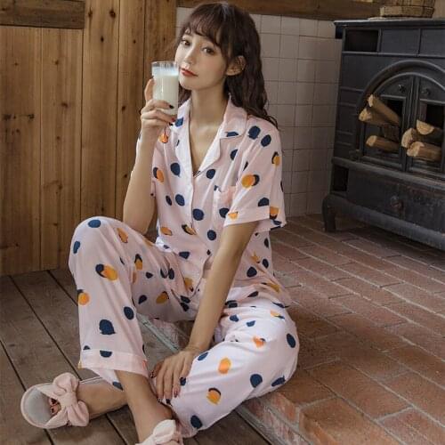 Summer New Print Fashion Pajamas Womens Short-sleeved Trousers Cotton Silk Pyjamas V-neck Suit Lapel Button Cardigan Nightwear