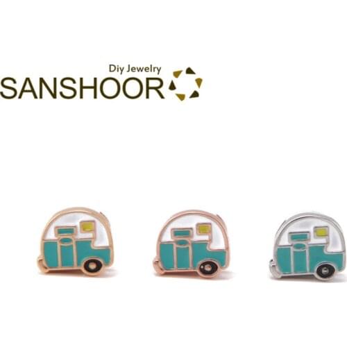 SANSHOOR School Bus Slide Charms Fit 8mm Wide Keeper Bracelet Mesh Stainless Steel Wristband Belts Toddler Children Gifts 6Pcs