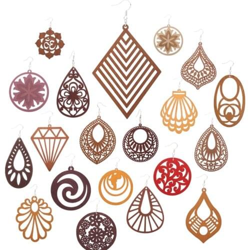 Roform Wholesale price Lot Mixed Random good quality Bohemia wooden earrings organic brown hollow african women wooden Brincos