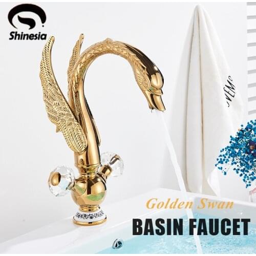Shinesia Golden Bird Basin Faucet Swan Shape Nordic Luxury Style Hot and Cold Water Mixer Tap for Bathroom Vessel Sink